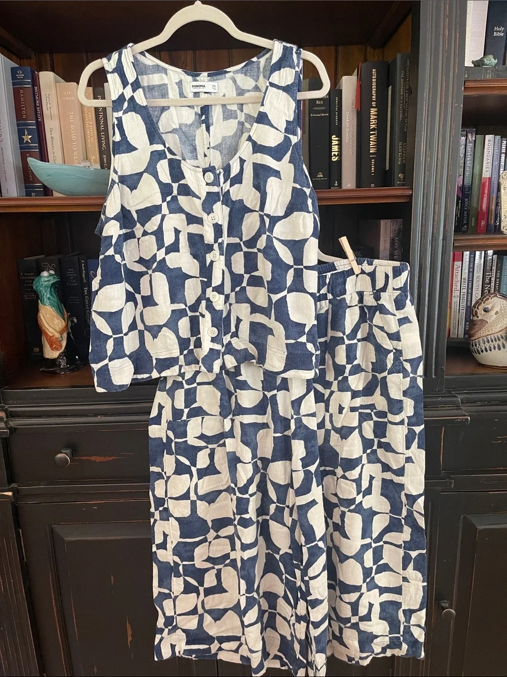 Sleeveless Button Front Two-Piece Set in Navy and Cream